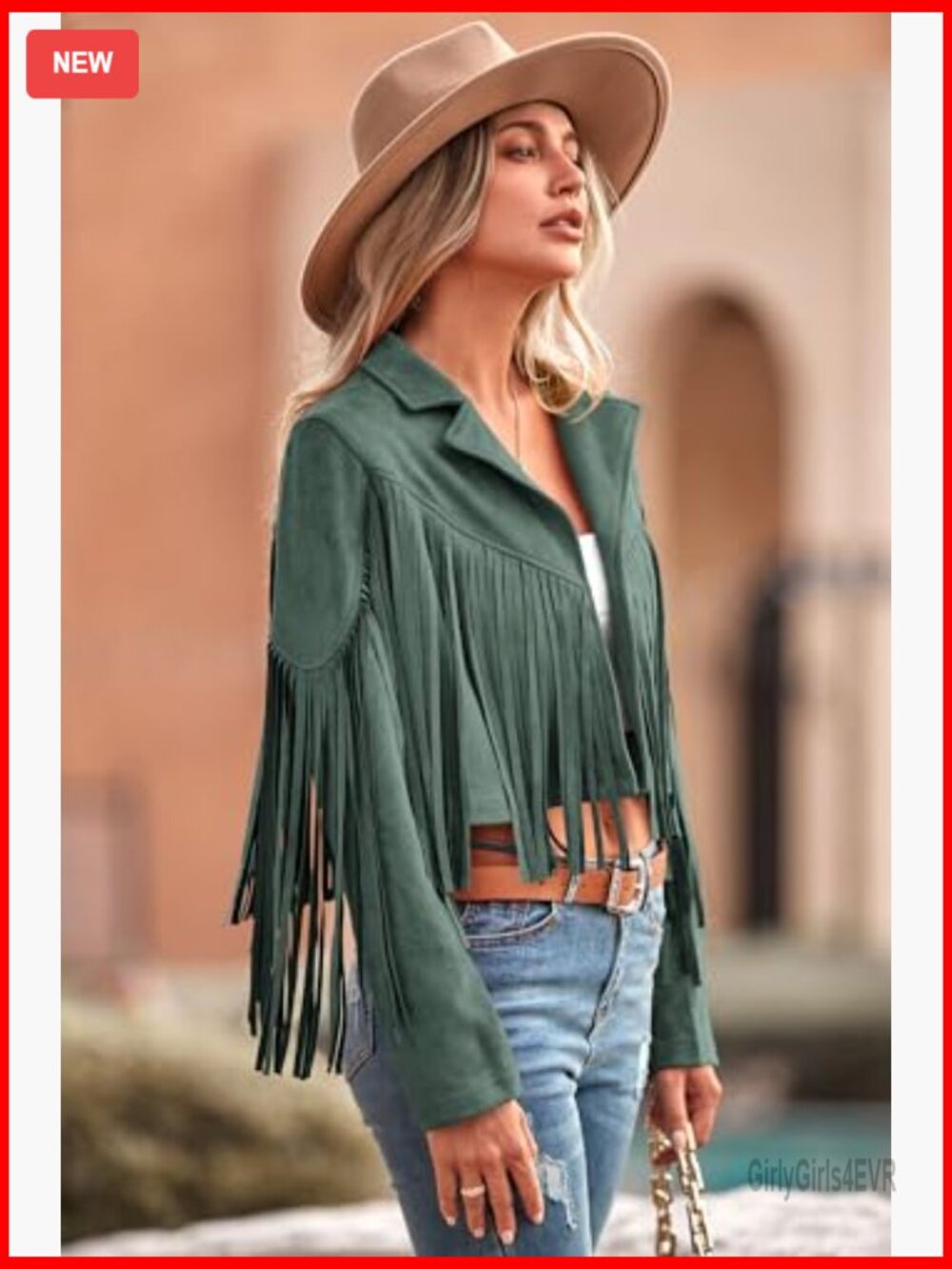 Faux Suede Fringe Cropped Jacket, Motorcycle Style, Fitted, Long Sleeve - Picture 3 of 7